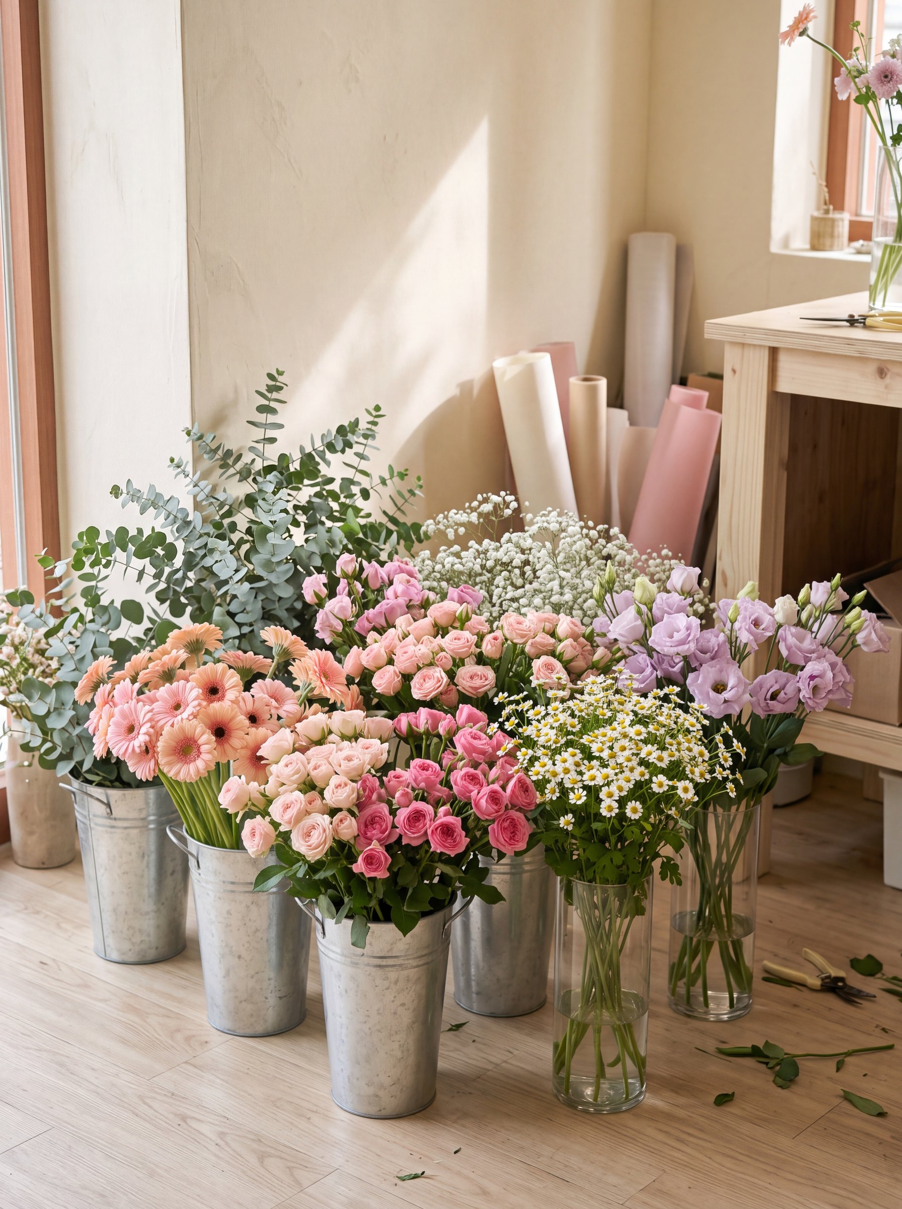 Galvanised buckets of fresh roses, peonies and eucalyptus by a window