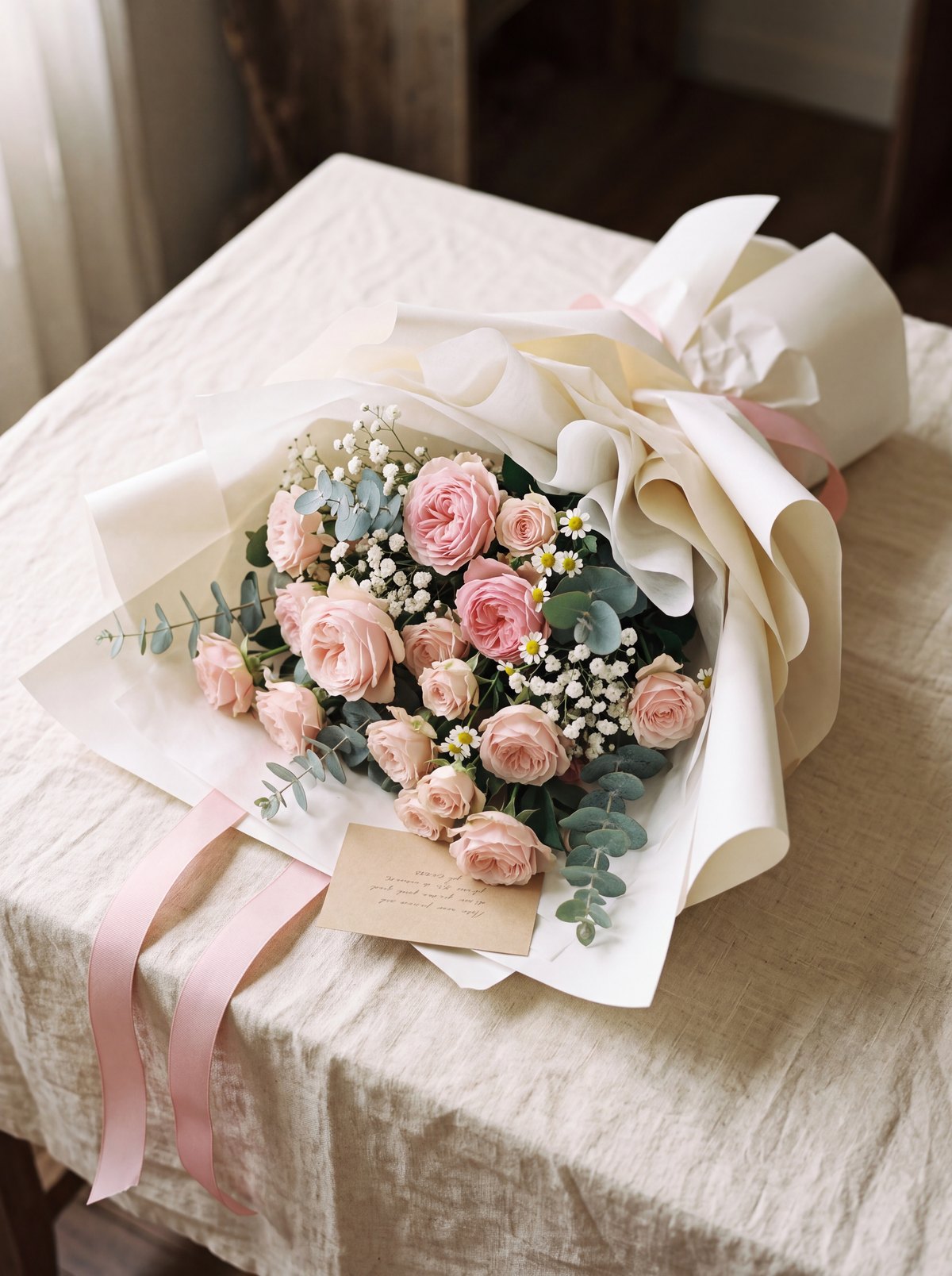A wrapped bouquet with a handwritten card on pale linen
