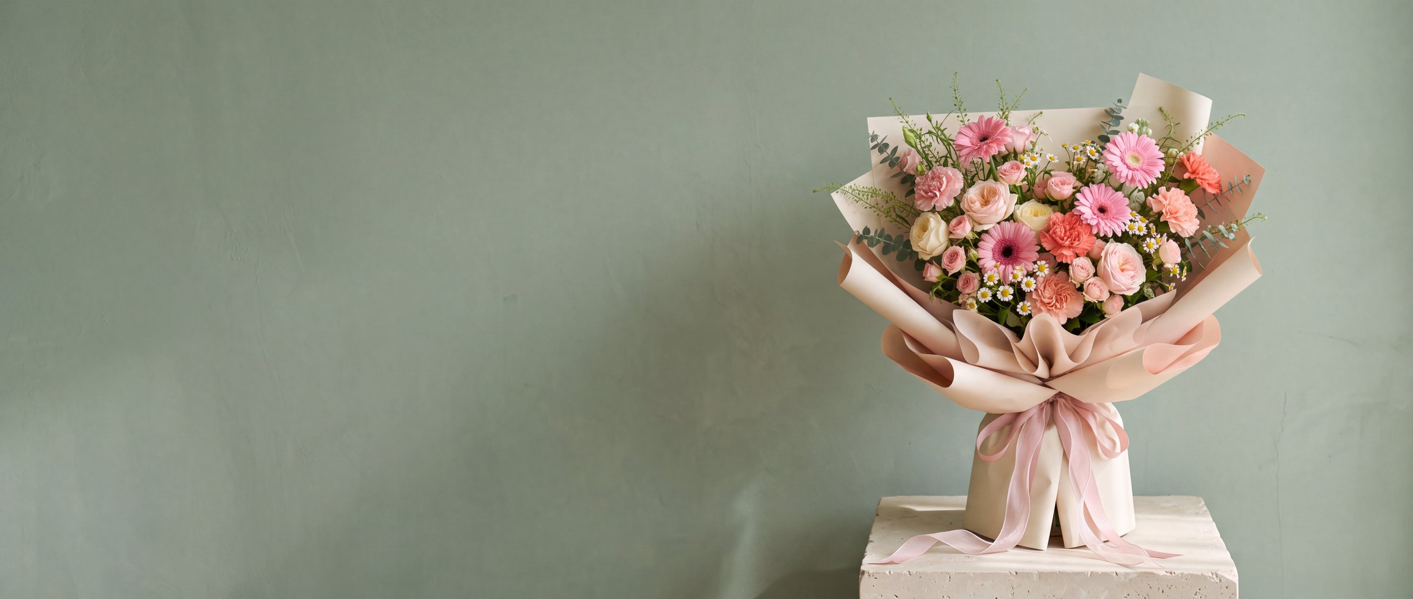 A pastel bouquet in front of the shop's green wall with the painted vase logo