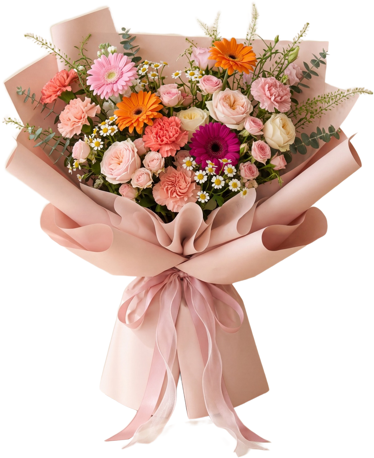 A full bouquet of gerberas, carnations and garden roses in blush-pink wrap